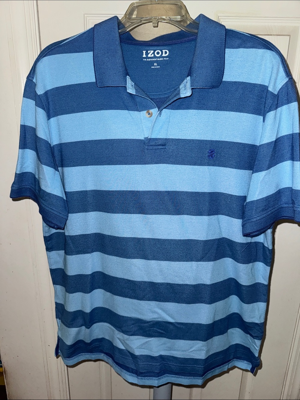 Izod Men's Light Blue and Navy Striped Polo